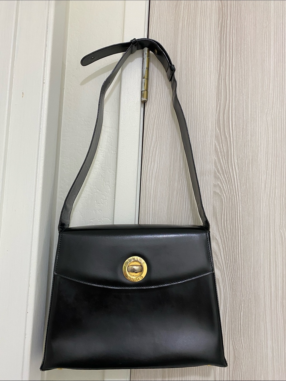 Celine Black Leather Shoulder Bag with Gold Turn-Lock